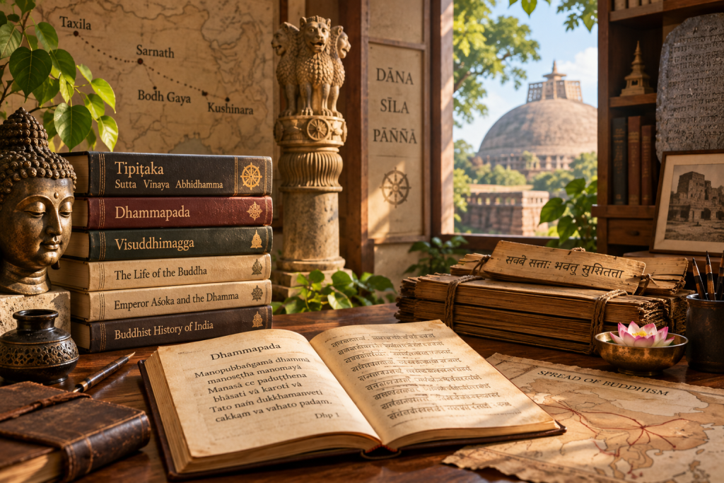 Buddhist history, Pāli Canon and Emperor Ashoka represented in a study setting