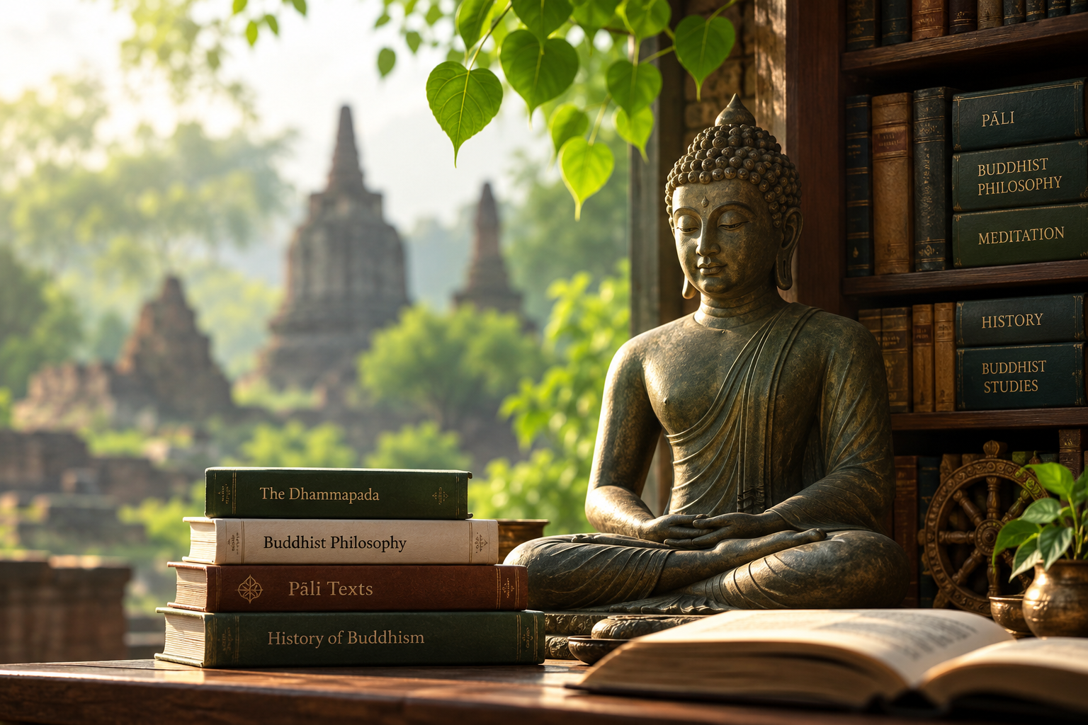 serene buddha library reading corner